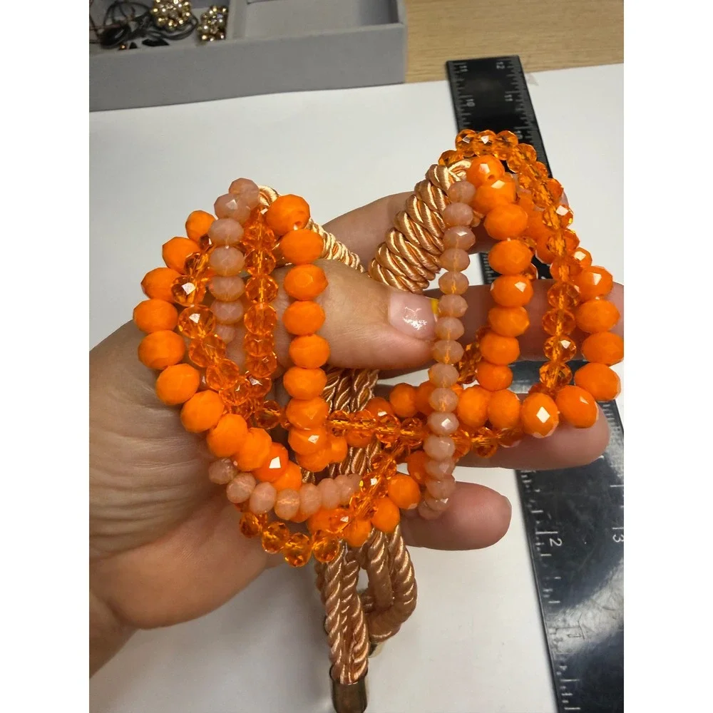 Orange Multi Strand Beaded Cord Statement Necklace Gold Tone Adjustable